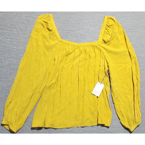 a new day Tops - A New Day Mustard Yellow Square Neck Boho Blouse Women’s Size L NWT Pearl Button